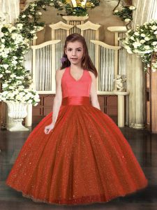 Unique Floor Length Rust Red Pageant Dress Womens Tulle Sleeveless Ruching