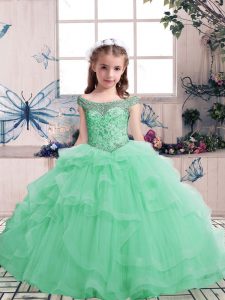 Apple Green Ball Gowns Scoop Sleeveless Tulle Floor Length Lace Up Beading Little Girls Pageant Gowns