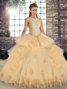 Glorious Tulle Scoop Sleeveless Lace Up Lace and Embroidery and Ruffles Quince Ball Gowns in Champagne