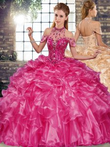 Lovely Ball Gowns Sweet 16 Dress Fuchsia Halter Top Organza Sleeveless Floor Length Lace Up
