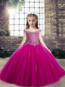 Custom Designed Fuchsia Sleeveless Tulle Lace Up Little Girl Pageant Gowns for Party and Wedding Party
