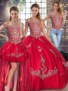 Red Lace Up Sweet 16 Dresses Beading and Embroidery Sleeveless Floor Length