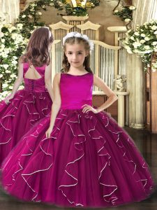 Fuchsia Scoop Lace Up Ruffles Glitz Pageant Dress Sleeveless