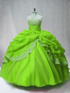 Long Sleeves Floor Length Beading and Appliques and Pick Ups Lace Up 15 Quinceanera Dress with Green