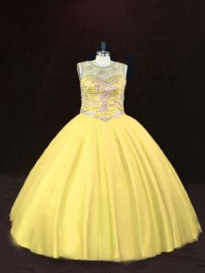 Sophisticated Gold Sleeveless Beading Floor Length Quince Ball Gowns