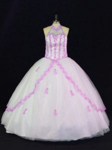 Great White Sleeveless Floor Length Appliques Lace Up Sweet 16 Quinceanera Dress