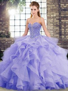 Lavender Lace Up Quinceanera Dress Beading and Ruffles Sleeveless Brush Train