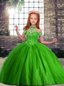 Beading Pageant Dress Green Lace Up Sleeveless Floor Length