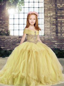 Ball Gowns Little Girls Pageant Dress Wholesale Yellow Off The Shoulder Tulle Sleeveless Floor Length Lace Up