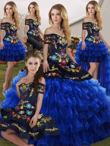 Ideal Blue And Black Ball Gowns Embroidery and Ruffled Layers Sweet 16 Dress Lace Up Organza Sleeveless Floor Length