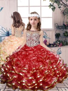 Amazing Floor Length Lace Up Kids Pageant Dress Red for Party and Wedding Party with Beading and Ruffles