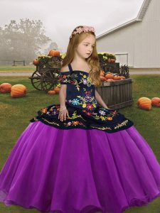 Straps Sleeveless Kids Pageant Dress Floor Length Embroidery Purple Organza