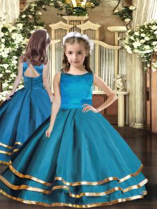 Admirable Sleeveless Organza Floor Length Lace Up Little Girl Pageant Gowns in Teal with Ruffled Layers