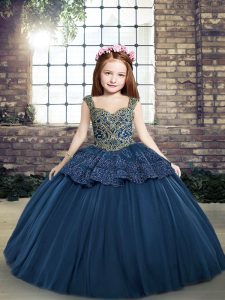 Floor Length Navy Blue Pageant Dress for Girls Tulle Sleeveless Beading and Appliques