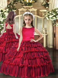 Attractive Scoop Sleeveless Kids Pageant Dress Floor Length Ruffled Layers Red