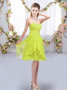 Yellow Green Empire Sweetheart Sleeveless Chiffon Knee Length Lace Up Ruffles and Ruching Dama Dress for Quinceanera