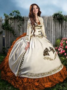 Discount Brown Ball Gowns Beading and Embroidery 15th Birthday Dress Lace Up Satin and Organza Sleeveless Floor Length