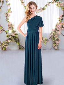 Excellent Teal One Shoulder Criss Cross Ruching Quinceanera Court of Honor Dress Sleeveless