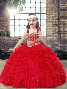 Red Sleeveless Tulle Lace Up Child Pageant Dress for Party and Wedding Party