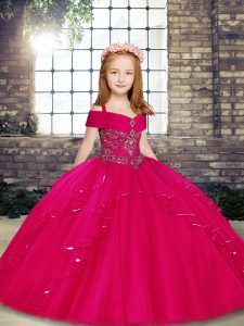 Unique Fuchsia Lace Up Little Girl Pageant Dress Beading Sleeveless Floor Length