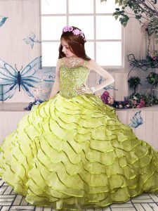 Yellow Green Little Girls Pageant Gowns Organza Sleeveless Beading and Ruffled Layers