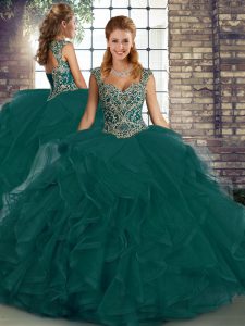 Floor Length Lace Up Ball Gown Prom Dress Peacock Green for Military Ball and Sweet 16 and Quinceanera with Beading and Ruffles