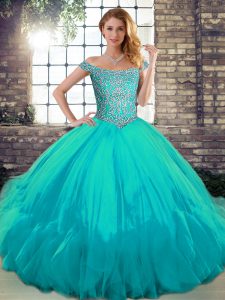 Super Floor Length Aqua Blue Quinceanera Gown Off The Shoulder Sleeveless Lace Up