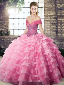 Enchanting Ball Gowns Sleeveless Rose Pink Ball Gown Prom Dress Brush Train Lace Up