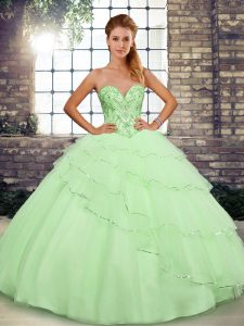 Latest Brush Train Ball Gowns Quinceanera Gowns Yellow Green Sweetheart Tulle Sleeveless Lace Up