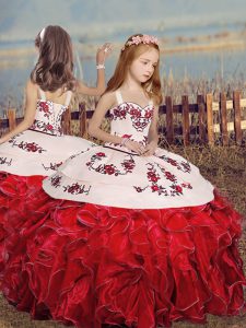 Red Lace Up Little Girls Pageant Dress Embroidery and Ruffles Sleeveless Floor Length
