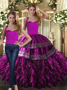 Fuchsia Two Pieces Organza Halter Top Sleeveless Embroidery and Ruffles Floor Length Lace Up Quinceanera Dresses