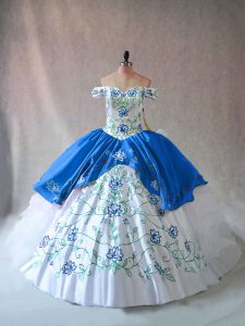 Floor Length Ball Gowns Sleeveless Blue And White Quinceanera Dress Lace Up