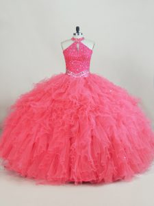 Pink Tulle Lace Up Quinceanera Gowns Sleeveless Beading and Ruffles