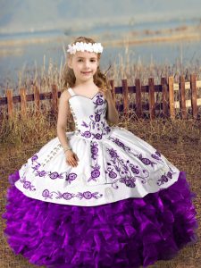 High End Purple Sleeveless Embroidery and Ruffles Floor Length Kids Formal Wear