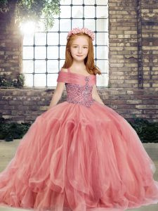 Latest Watermelon Red Kids Pageant Dress Party and Wedding Party with Beading Straps Sleeveless Lace Up