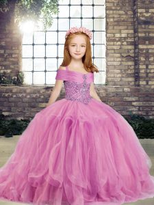 Floor Length Lilac Little Girls Pageant Dress Wholesale Straps Sleeveless Lace Up