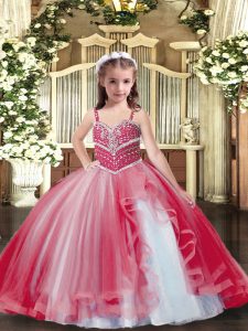 Red Ball Gowns Beading Pageant Dress for Girls Lace Up Tulle Sleeveless Floor Length