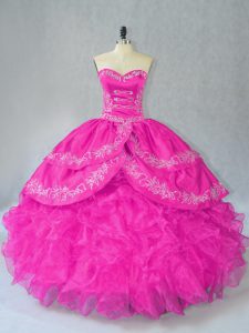 Fuchsia Organza Lace Up Sweetheart Sleeveless Floor Length Quince Ball Gowns Embroidery and Ruffles