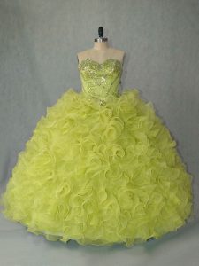 Deluxe Yellow Green Sweet 16 Dresses Sweet 16 and Quinceanera with Beading and Ruffles Sweetheart Sleeveless Brush Train Lace Up
