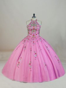 Charming Halter Top Sleeveless Tulle Sweet 16 Quinceanera Dress Appliques and Embroidery Brush Train Lace Up