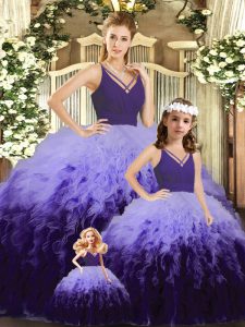 V-neck Sleeveless Tulle 15 Quinceanera Dress Ruffles and Ruching Backless