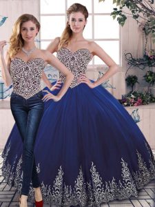 Classical Sleeveless Floor Length Beading and Embroidery Lace Up Quince Ball Gowns with Royal Blue