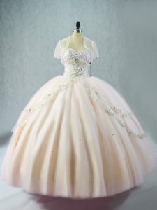 Pink Tulle Lace Up Sweetheart Sleeveless Floor Length Quinceanera Dresses Beading