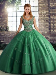Luxury Green Ball Gowns Straps Sleeveless Tulle Floor Length Lace Up Beading and Appliques Sweet 16 Dresses