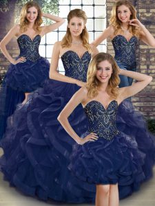 Enchanting Navy Blue Sweetheart Neckline Beading and Ruffles Sweet 16 Quinceanera Dress Sleeveless Lace Up
