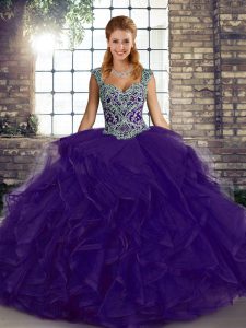 Hot Selling Tulle Straps Sleeveless Lace Up Beading and Ruffles 15th Birthday Dress in Purple