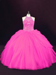 Excellent Floor Length Lace Up Vestidos de Quinceanera Hot Pink for Sweet 16 and Quinceanera with Beading