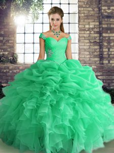 Low Price Turquoise Sleeveless Organza Lace Up Quince Ball Gowns for Party and Military Ball and Sweet 16 and Quinceanera