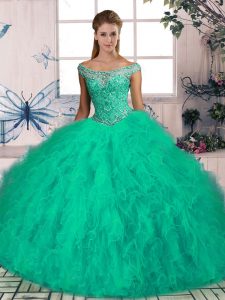 Glamorous Turquoise Sleeveless Beading and Ruffles Lace Up 15 Quinceanera Dress