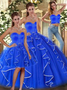 Flare Blue Sleeveless Floor Length Ruffles Lace Up Vestidos de Quinceanera